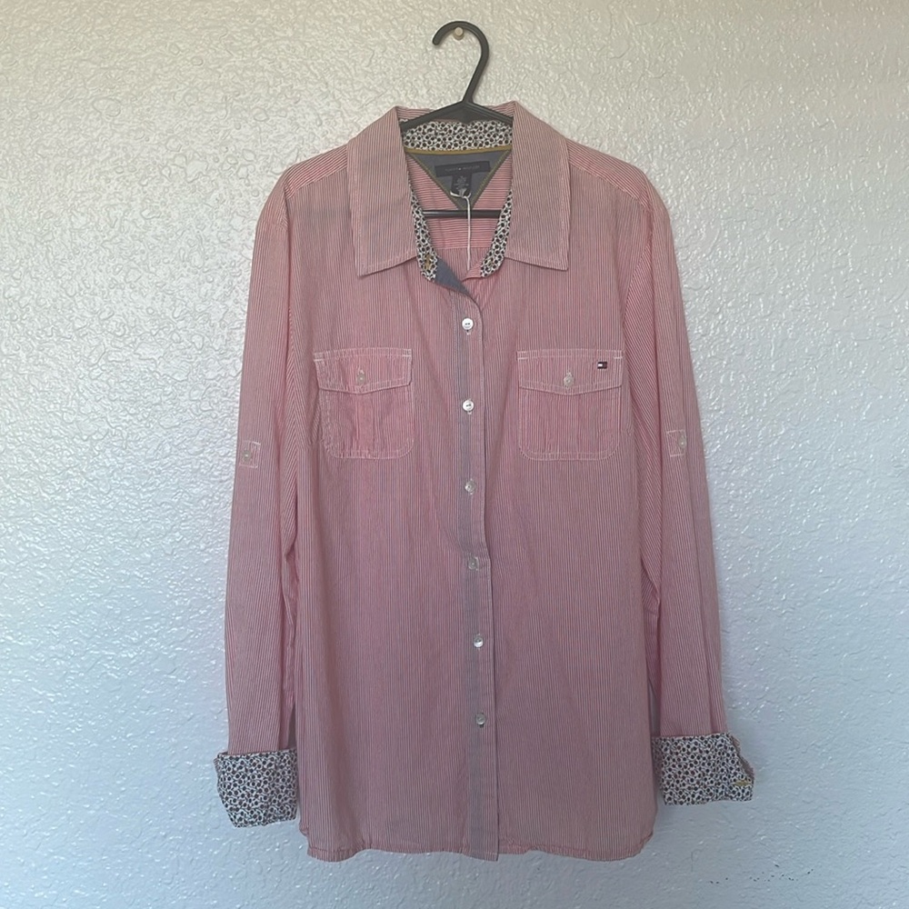 Tommy Hilfiger white & pink stripes button down with floral details